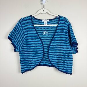 Liz Claiborne Crochet Cardigan Women 1X Stripe Blue Vintage Cottagecore Boho Y2K